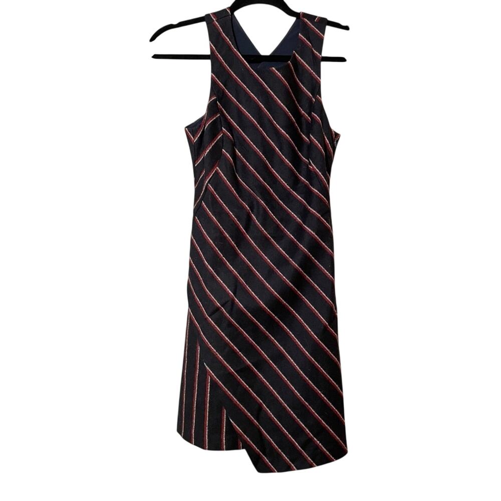 Rebecca Minkoff Black Red Striped Wool Sleeveless Asymmetrical Mini Dress 0 Wool